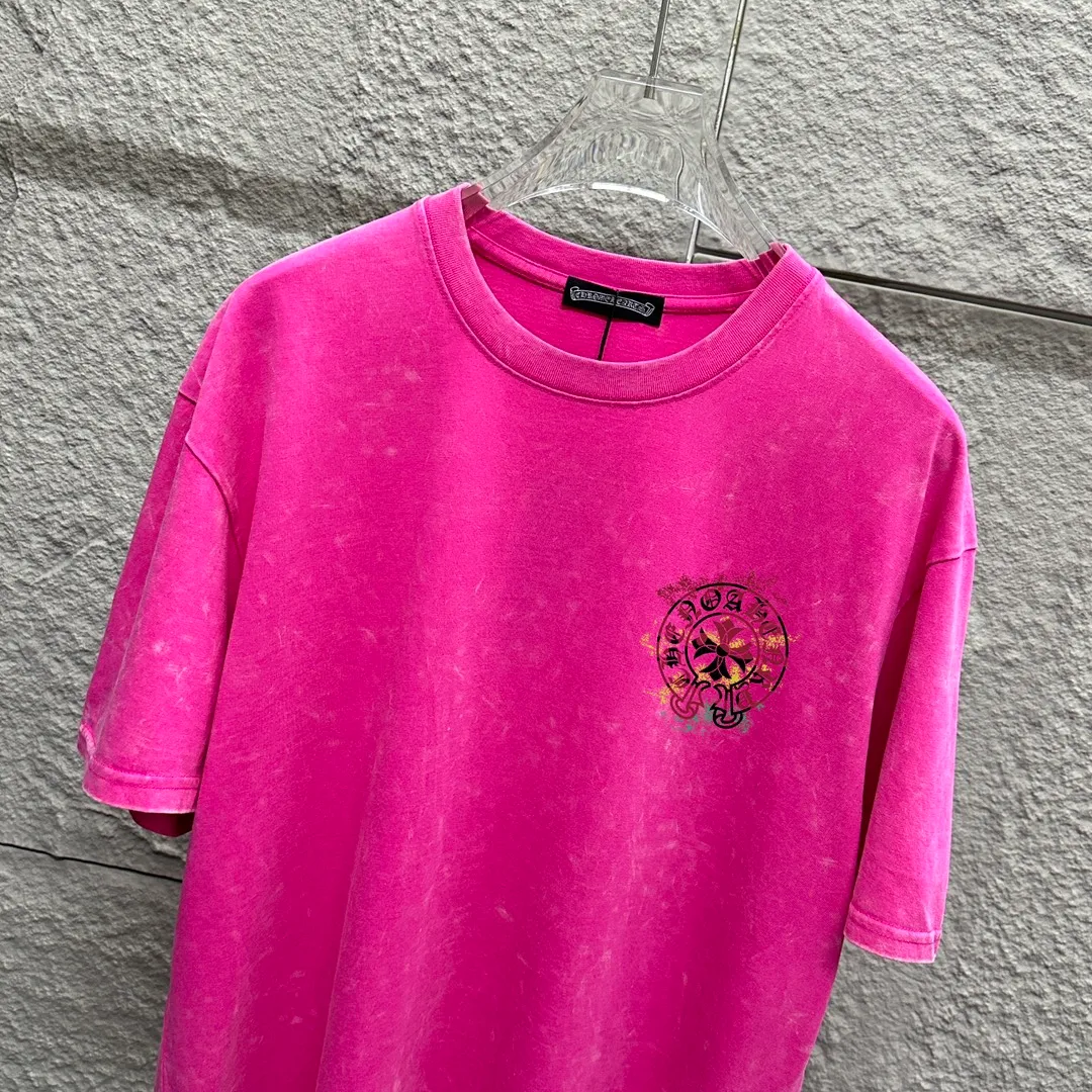 🅿️180 CH Crow Heart* 2025 spring and summer new style Snowflake distressed washed retro round neck short sleeves Chest logo Horseshoe print Customized fabric Short-sleeved T-shirt Unisex Size: S M L XL XXL Color: Snowflake Black Snowflake Gray Snowflake Pink Snowflake Blue